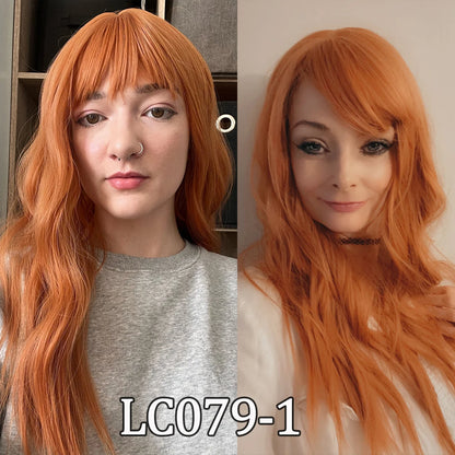 Orange Body Wave Synthetic Wig with Bangs - Crossdresser's Long Copper Curly Hair Wig for Colorful Cosplay Costume, Heat Resistant Fiber