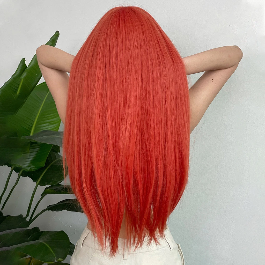 Long Orange Straight Wig with Bangs for Crossdressers