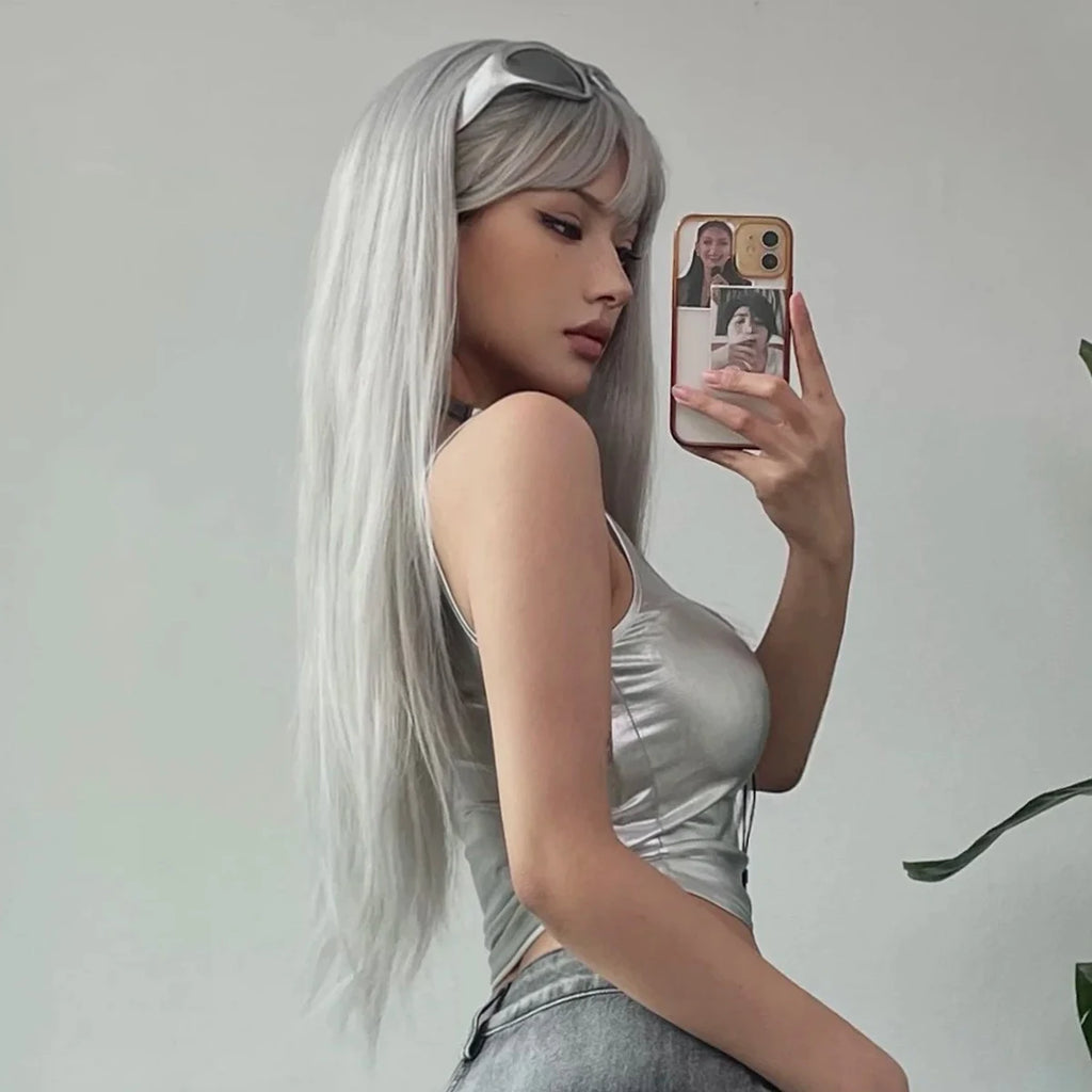 Long Orange Straight Wig with Bangs for Crossdressers