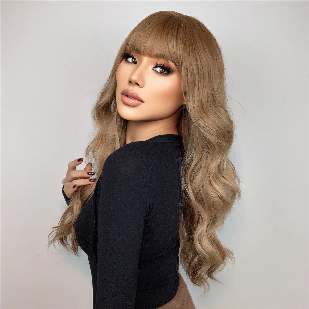 Long Light Brown Wavy Wig with Bangs for Crossdressers