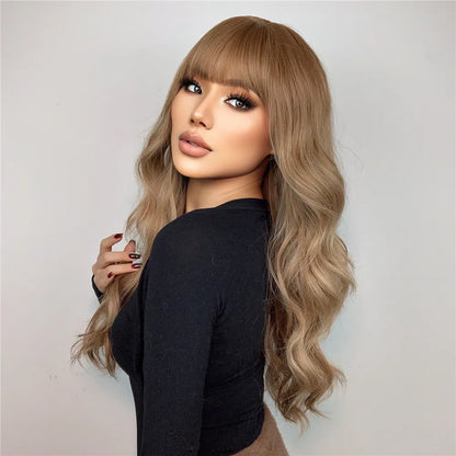 Light Brown Body Wave Synthetic Wig with Bangs - Long Natural Wavy Style for Crossdressers' Daily and Party Use - High-Quality Elegance