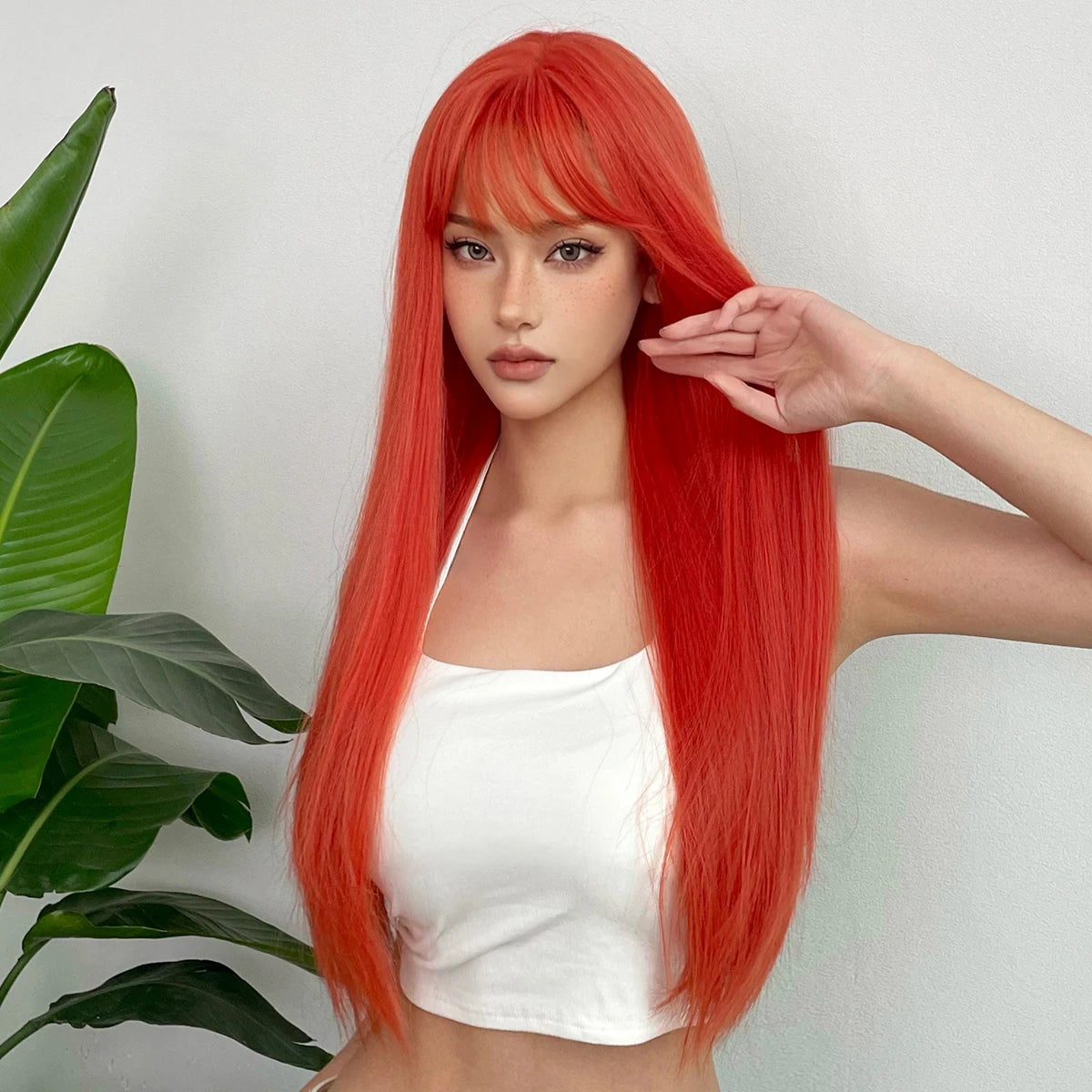Long Orange Straight Wig with Bangs for Crossdressers
