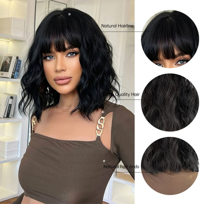 Short Black Wavy Bob Wig with Bangs - Crossdresser Cosplay Lolita Party Hair