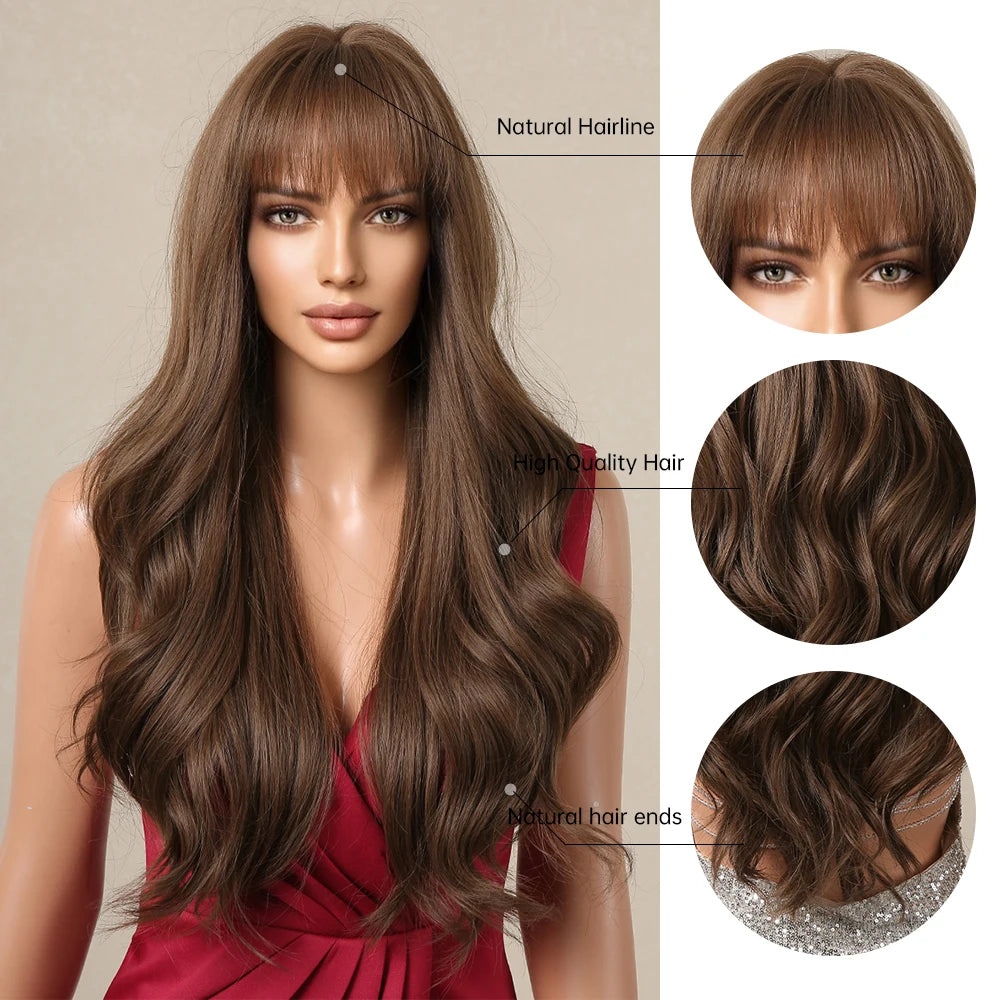 Long Dark Brown Wavy Wig with Bangs for Crossdressers