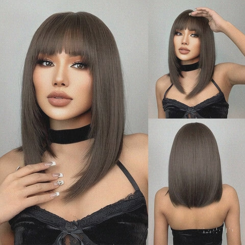 Short Straight Synthetic Wig - Crossdresser's Dark Brown Fake Hair with Bangs, Heat Resistant for Daily Cosplay Elegance