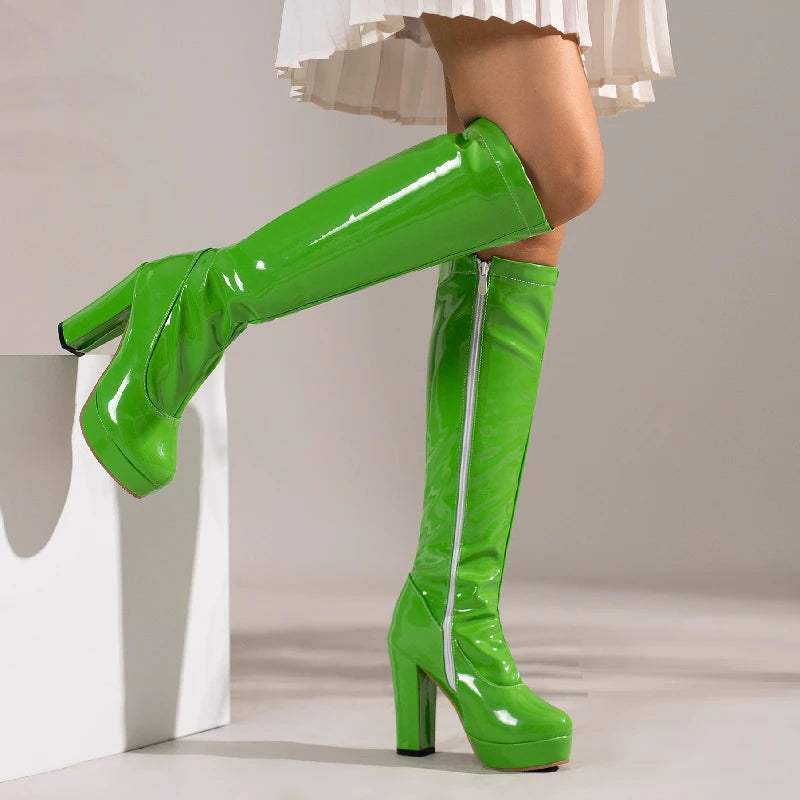 Crossdresser Glam Black Knee High Platform Boots with Red White