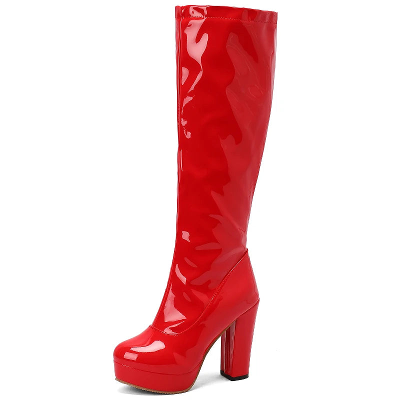 Crossdresser Glam Black Knee High Platform Boots with Red White Heels Perfect for Autumn Winter Parties in Sizes 45 48