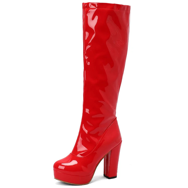 Crossdresser Glam: Black Knee-High Platform Boots with Red & White Heels - Perfect for Autumn/Winter Parties in Sizes 45-48