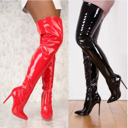 Nightclub Elegance: Red Heel Thigh-High Boots for Crossdressers - Elastic and Sexy in Large Size 45