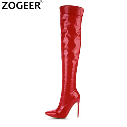 Nightclub Elegance: Red Heel Thigh-High Boots for Crossdressers - Elastic and Sexy in Large Size 45