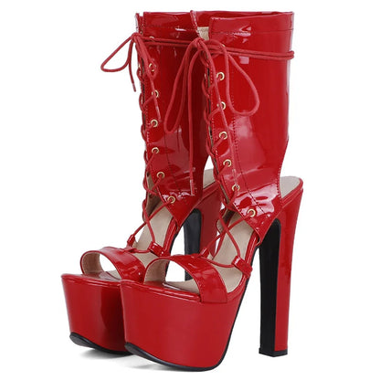 Fetish Fashion: Crossdresser's Summer Lace-Up Boots with Platform High Heels in Black and Red - Perfect for Party