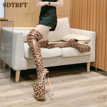 Pole Dancing Elegance: 20cm Thin Heels Stiletto Over-the-Knee Boots for Crossdressers - Platform Pumps in Leopard Print