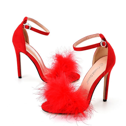 Fluffy Elegance: Crystal Queen Women's Summer Sandals with Peep Toe Stilettos and Fur Feather - High Heels in Large Sizes