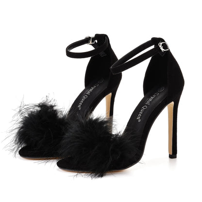 Fluffy Elegance: Crystal Queen Women's Summer Sandals with Peep Toe Stilettos and Fur Feather - High Heels in Large Sizes