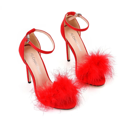 Fluffy Elegance: Crystal Queen Women's Summer Sandals with Peep Toe Stilettos and Fur Feather - High Heels in Large Sizes