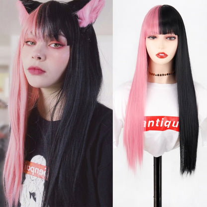 Double-Layered Pink and Black Synthetic Hair Wig for Crossdressers - Create an Extraordinary Look