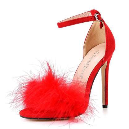 Fluffy Elegance: Crystal Queen Women's Summer Sandals with Peep Toe Stilettos and Fur Feather - High Heels in Large Sizes