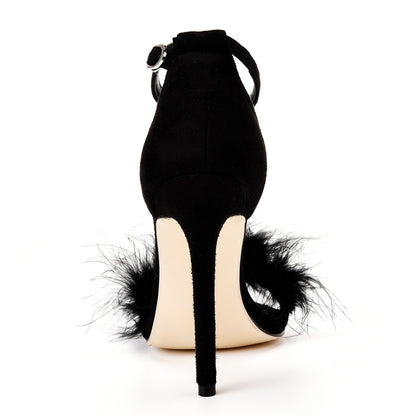 Fluffy Elegance: Crystal Queen Women's Summer Sandals with Peep Toe Stilettos and Fur Feather - High Heels in Large Sizes