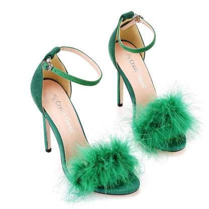 Fluffy Elegance: Crystal Queen Women's Summer Sandals with Peep Toe Stilettos and Fur Feather - High Heels in Large Sizes