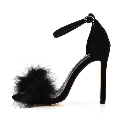 Fluffy Elegance: Crystal Queen Women's Summer Sandals with Peep Toe Stilettos and Fur Feather - High Heels in Large Sizes