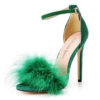 Fluffy Elegance: Crystal Queen Women's Summer Sandals with Peep Toe Stilettos and Fur Feather - High Heels in Large Sizes