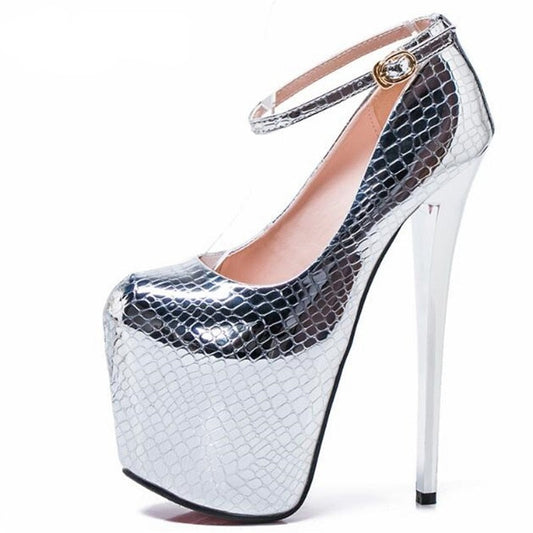 Statement-Making Ankle Strap Platform Pumps: Gold/Silver, Patent Leather, Thin High Heels - Plus Sizes 34-47, Perfect for Women - Round Toe Design