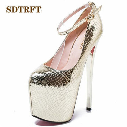 Statement-Making Ankle Strap Platform Pumps: Gold/Silver, Patent Leather, Thin High Heels - Plus Sizes 34-47, Perfect for Women - Round Toe Design