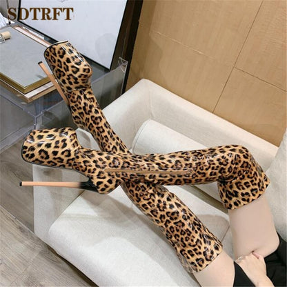 Pole Dancing Elegance: 20cm Thin Heels Stiletto Over-the-Knee Boots for Crossdressers - Platform Pumps in Leopard Print