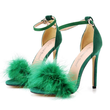 Fluffy Elegance: Crystal Queen Women's Summer Sandals with Peep Toe Stilettos and Fur Feather - High Heels in Large Sizes