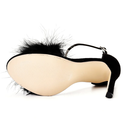 Fluffy Elegance: Crystal Queen Women's Summer Sandals with Peep Toe Stilettos and Fur Feather - High Heels in Large Sizes