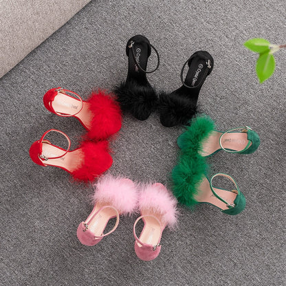 Fluffy Elegance: Crystal Queen Women's Summer Sandals with Peep Toe Stilettos and Fur Feather - High Heels in Large Sizes