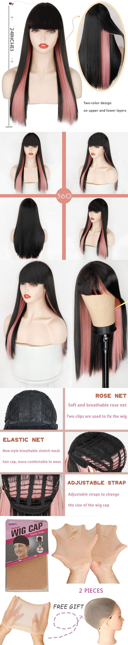 Double-Layered Pink and Black Synthetic Hair Wig for Crossdressers - Create an Extraordinary Look