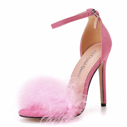 Fluffy Elegance: Crystal Queen Women's Summer Sandals with Peep Toe Stilettos and Fur Feather - High Heels in Large Sizes