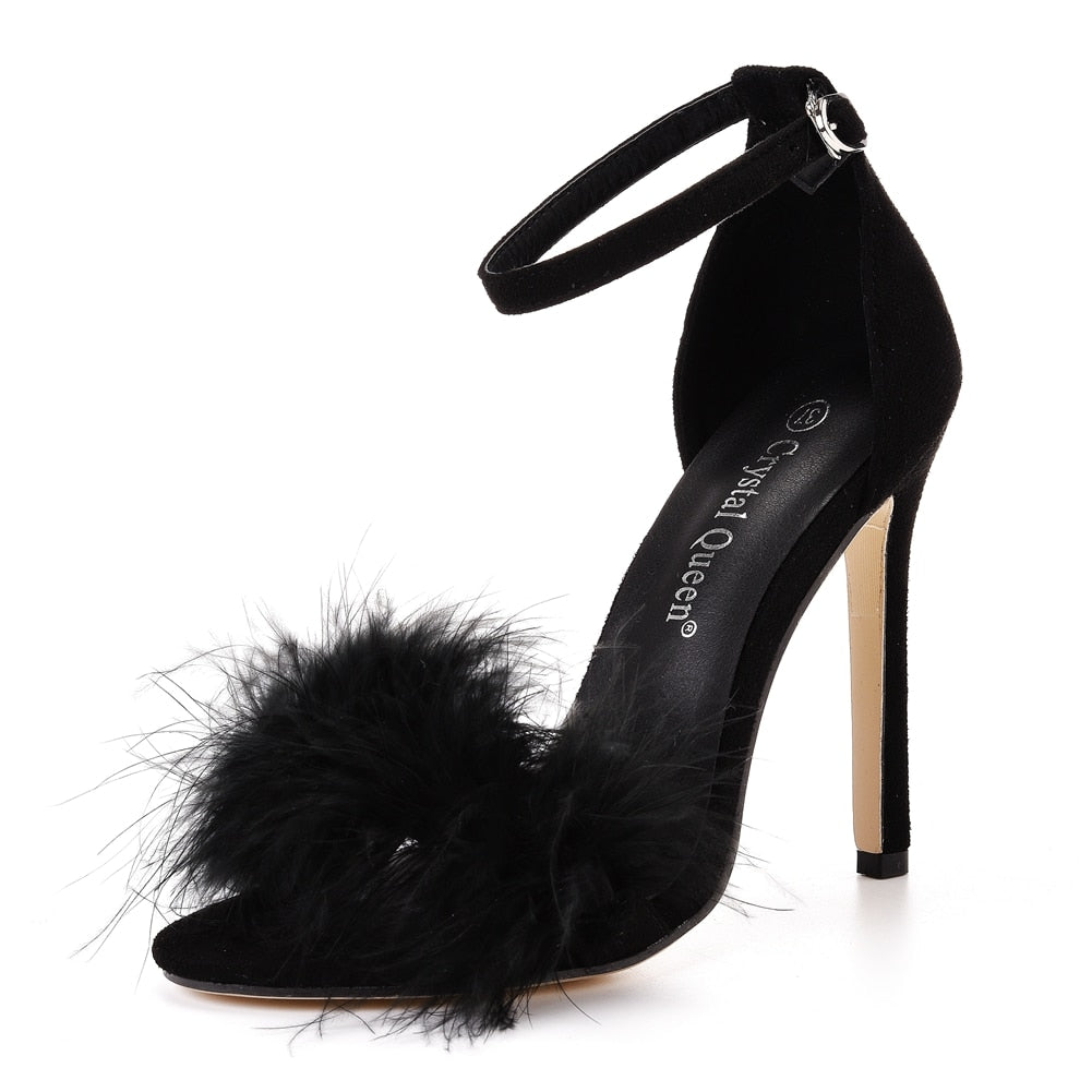 Fluffy Elegance: Crystal Queen Women's Summer Sandals with Peep Toe Stilettos and Fur Feather - High Heels in Large Sizes