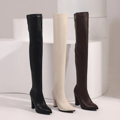 Autumn Elegance: Sexy Thigh-High Boots for Crossdressers - Elastic Leather in Black, Fetish Long Shoes in Large Size