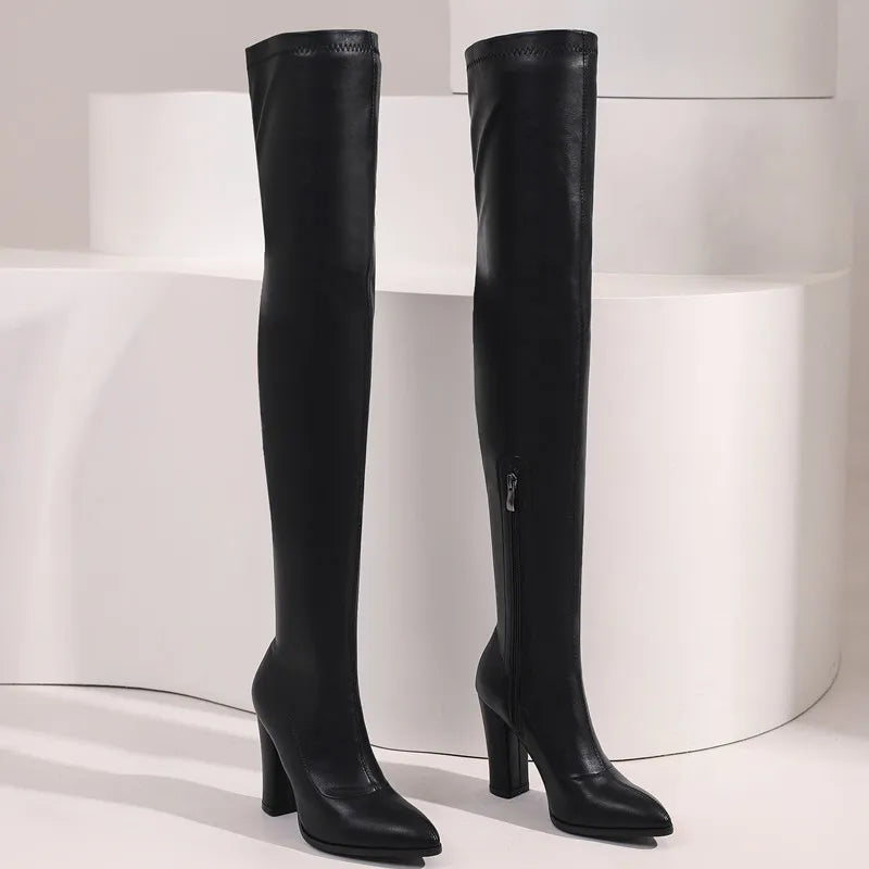 Autumn Elegance: Sexy Thigh-High Boots for Crossdressers - Elastic Leather in Black, Fetish Long Shoes in Large Size