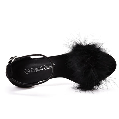 Fluffy Elegance: Crystal Queen Women's Summer Sandals with Peep Toe Stilettos and Fur Feather - High Heels in Large Sizes