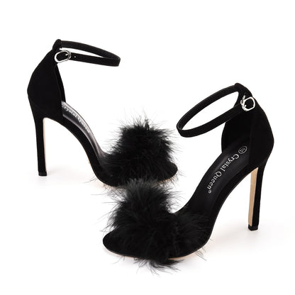 Fluffy Elegance: Crystal Queen Women's Summer Sandals with Peep Toe Stilettos and Fur Feather - High Heels in Large Sizes