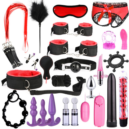 Bound for Pleasure: BDSM Bondage Set - Handcuffs, Nipple Clamps, Whip, and Metal Anal Plug Vibrator - Explore New Heights of Sensual Play with this Adults' Sex Toy Kit