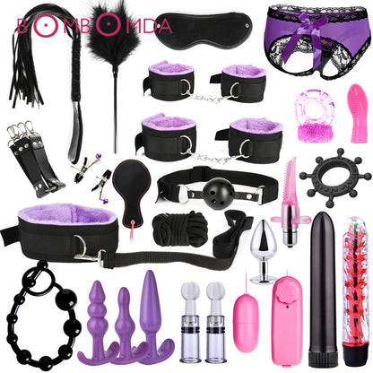 Bound for Pleasure: BDSM Bondage Set - Handcuffs, Nipple Clamps, Whip, and Metal Anal Plug Vibrator - Explore New Heights of Sensual Play with this Adults' Sex Toy Kit