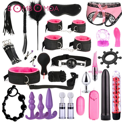 Bound for Pleasure: BDSM Bondage Set - Handcuffs, Nipple Clamps, Whip, and Metal Anal Plug Vibrator - Explore New Heights of Sensual Play with this Adults' Sex Toy Kit