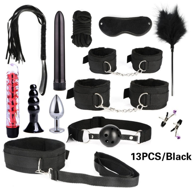Bound for Pleasure: BDSM Bondage Set - Handcuffs, Nipple Clamps, Whip, and Metal Anal Plug Vibrator - Explore New Heights of Sensual Play with this Adults' Sex Toy Kit