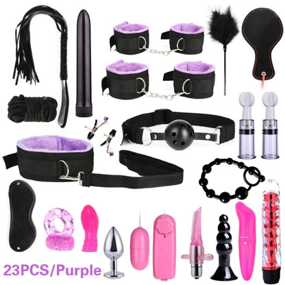 Bound for Pleasure: BDSM Bondage Set - Handcuffs, Nipple Clamps, Whip, and Metal Anal Plug Vibrator - Explore New Heights of Sensual Play with this Adults' Sex Toy Kit