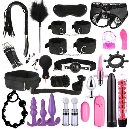 Bound for Pleasure: BDSM Bondage Set - Handcuffs, Nipple Clamps, Whip, and Metal Anal Plug Vibrator - Explore New Heights of Sensual Play with this Adults' Sex Toy Kit