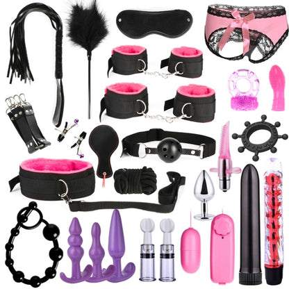 Bound for Pleasure: BDSM Bondage Set - Handcuffs, Nipple Clamps, Whip, and Metal Anal Plug Vibrator - Explore New Heights of Sensual Play with this Adults' Sex Toy Kit